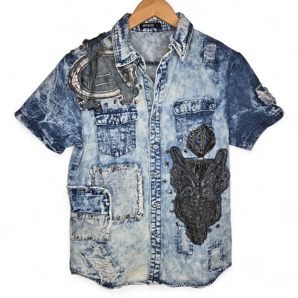 Imperious Y2K Pathed Denim Shirt Men's Metallic Owl Skull Crosses Studs Street S - Picture 1 of 8